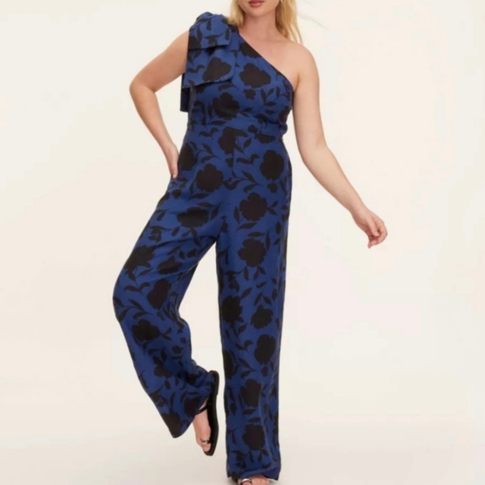 Kate Spade Classic Rose Jumpsuit - Blue & Black Floral - Linen Blend - Size 12